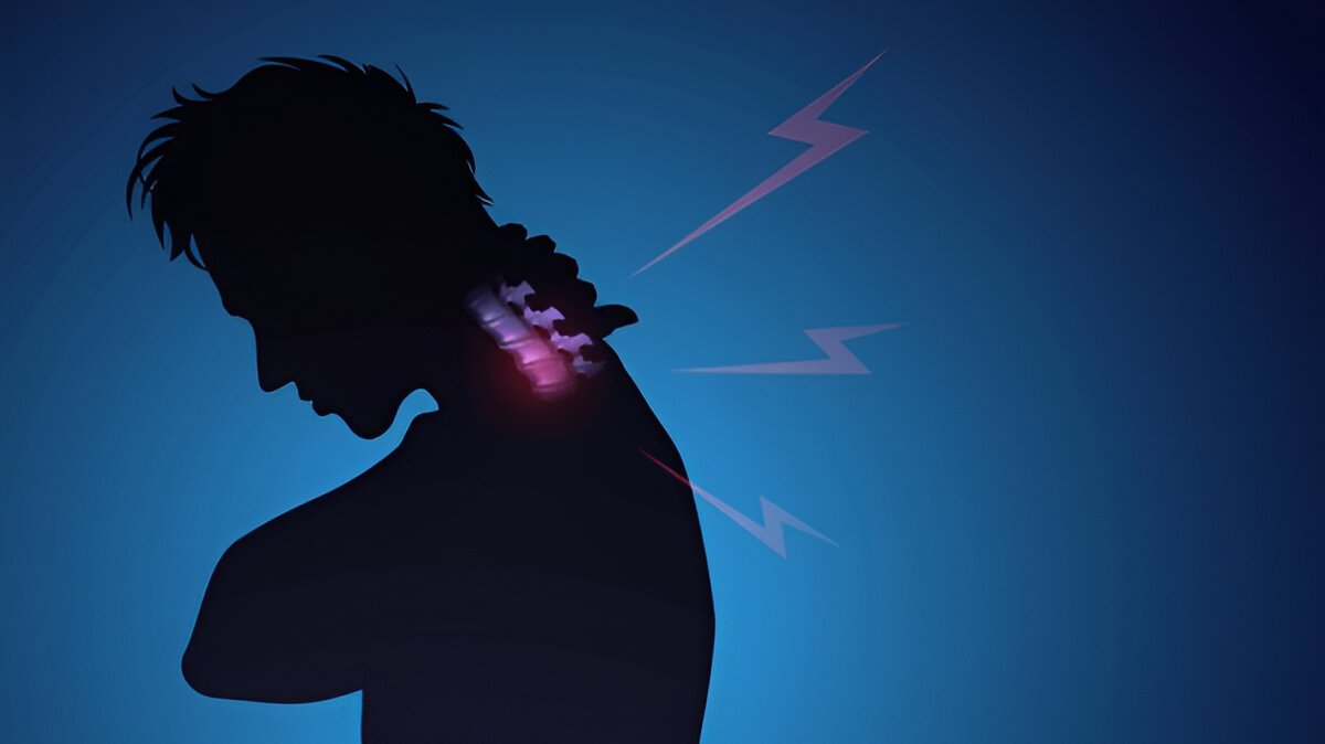 Silhouette with highlighted cervical spine and pain signals indicating neck strain