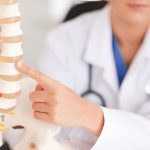 Doctor pointing at spinal model, explaining vertebrae and disc structure for medical consultation.