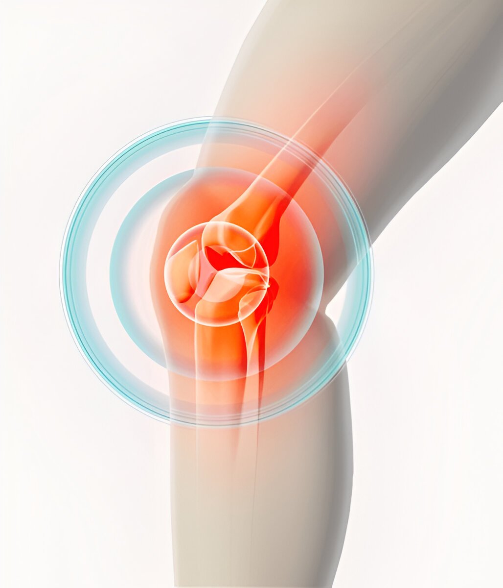 Illustration showing knee joint pain with red inflammation highlighting injury area.